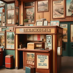 A quaint, small ticketing office nestled in a bustling cityscape. The office features an antique wooden counter, retro ticket dispenser, and walls adorned with vintage travel posters.