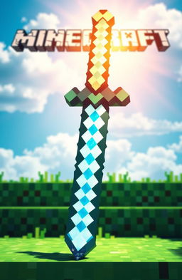 A highly detailed, realistic depiction of a Minecraft diamond sword, showcasing the iconic blue diamond texture and blocky design