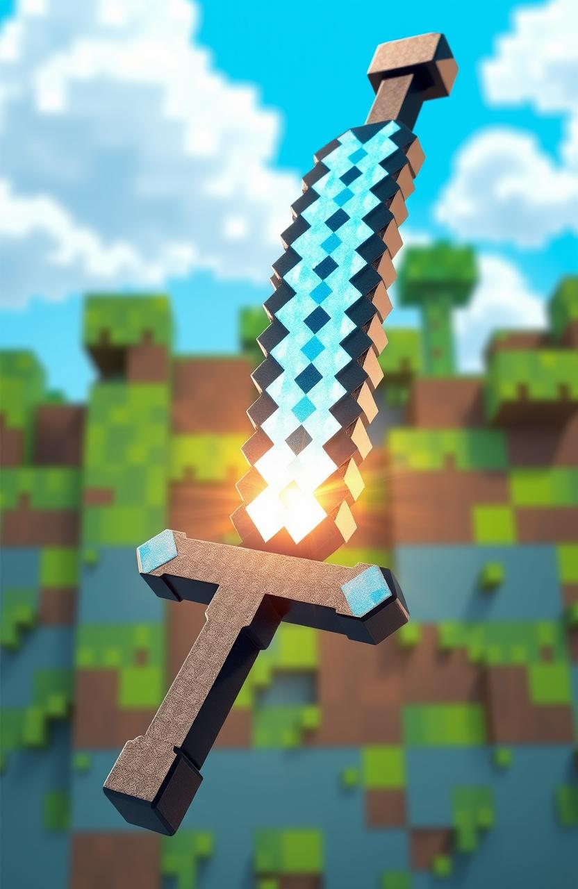 A highly detailed, realistic depiction of a Minecraft diamond sword, showcasing the iconic blue diamond texture and blocky design