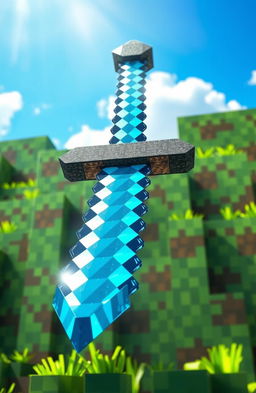 A highly detailed, realistic depiction of a Minecraft diamond sword, showcasing the iconic blue diamond texture and blocky design