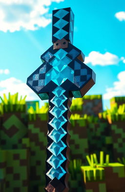 A highly detailed, realistic depiction of a Minecraft diamond sword, showcasing the iconic blue diamond texture and blocky design