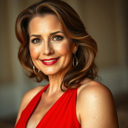 A stunning 50-year-old woman wearing a vibrant red dress with a deep neckline, showcasing her alluring curves
