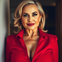 A captivating 50-year-old woman with a striking and provocative presence, dressed in a bold red outfit that reveals her generous cleavage