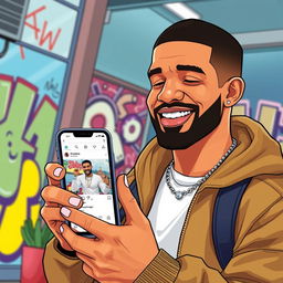 A vibrant and dynamic digital illustration depicting a fictional scene where the popular rapper Drake is casually browsing through his Instagram story on a smartphone