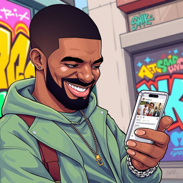 A vibrant and dynamic digital illustration depicting a fictional scene where the popular rapper Drake is casually browsing through his Instagram story on a smartphone