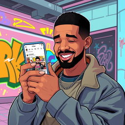 A vibrant and dynamic digital illustration depicting a fictional scene where the popular rapper Drake is casually browsing through his Instagram story on a smartphone