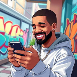 A vibrant and dynamic digital illustration depicting a fictional scene where the popular rapper Drake is casually browsing through his Instagram story on a smartphone