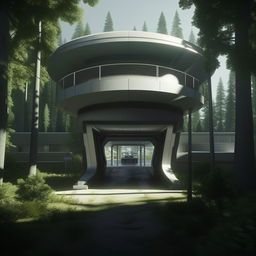 vehicle entrance of futuristic maximum-security penitentiary in the middle of forest in broad daylight based on https://files.dreamhome.software/files/static/37174