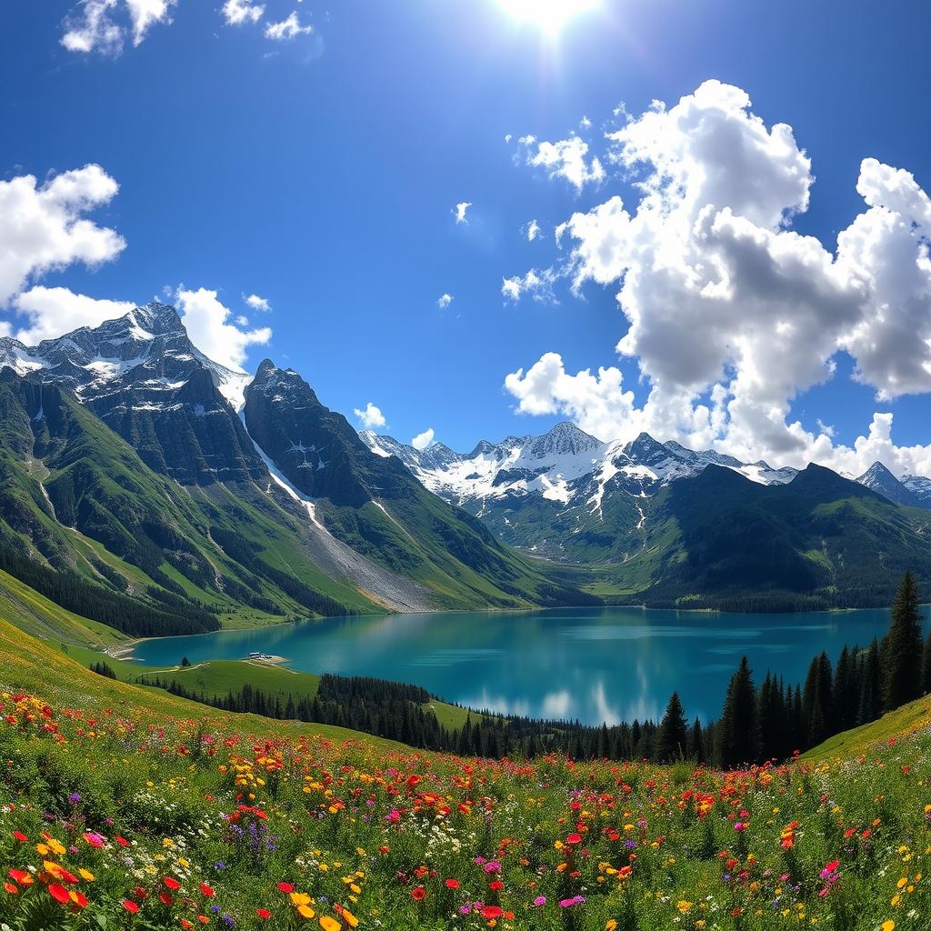 A breathtaking panoramic view of a majestic mountain range, featuring towering peaks covered in lush greenery and capped with sparkling white snow