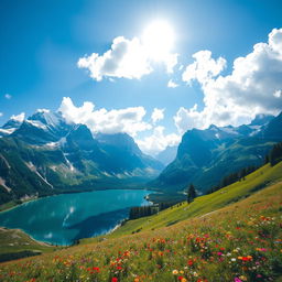 A breathtaking panoramic view of a majestic mountain range, featuring towering peaks covered in lush greenery and capped with sparkling white snow