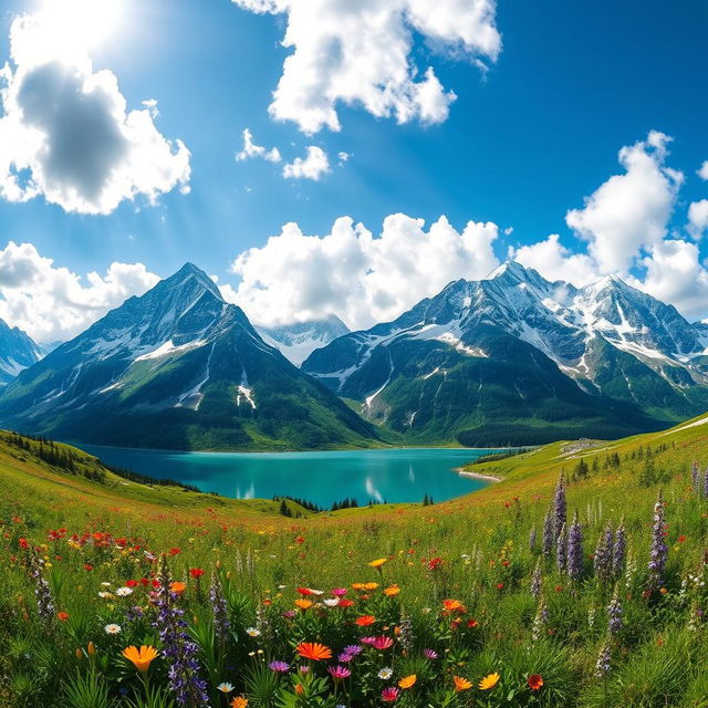 A breathtaking panoramic view of a majestic mountain range, featuring towering peaks covered in lush greenery and capped with sparkling white snow