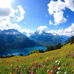 A breathtaking panoramic view of a majestic mountain range, featuring towering peaks covered in lush greenery and capped with sparkling white snow