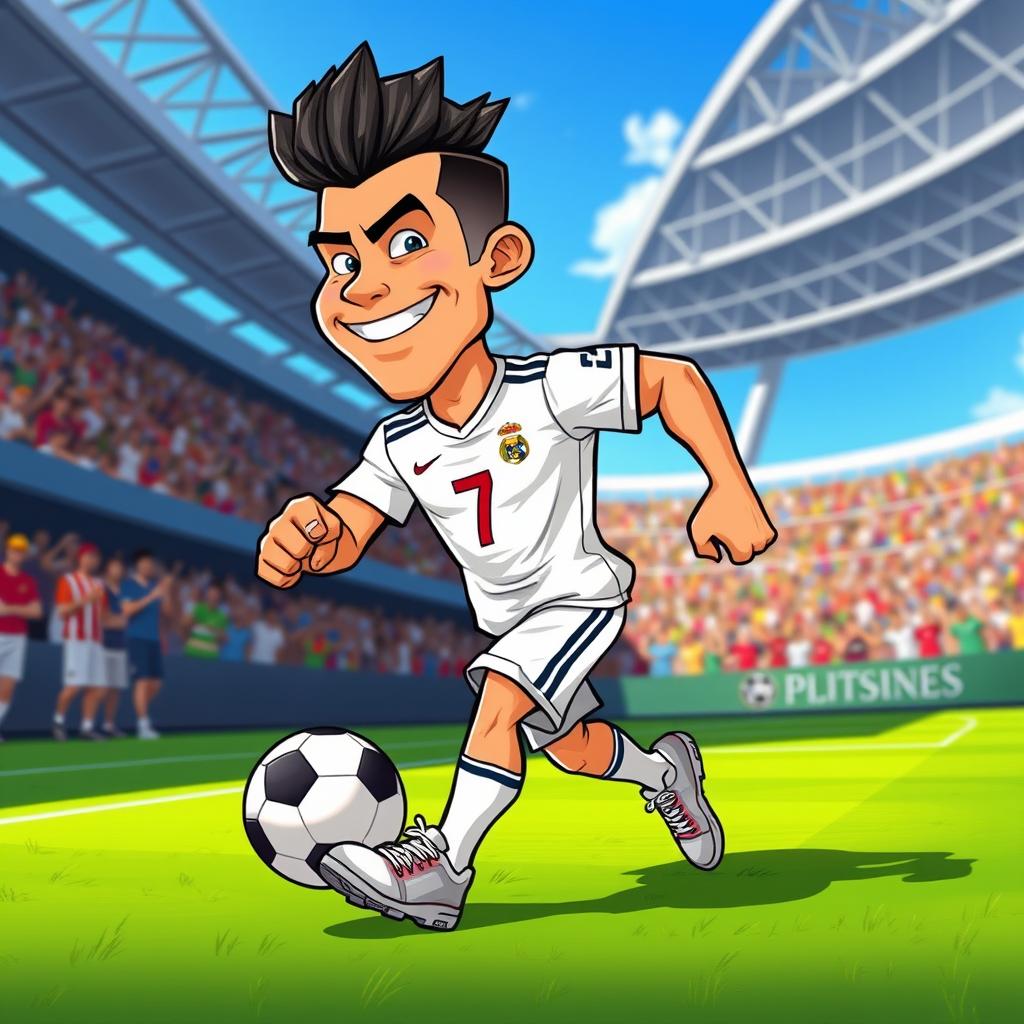 A cartoon character inspired by a famous soccer player, resembling Cristiano Ronaldo, featuring exaggerated muscular build, a stylish haircut, and a confident smile