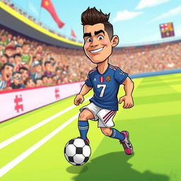 A cartoon character inspired by a famous soccer player, resembling Cristiano Ronaldo, featuring exaggerated muscular build, a stylish haircut, and a confident smile