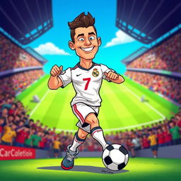 A cartoon character inspired by a famous soccer player, resembling Cristiano Ronaldo, featuring exaggerated muscular build, a stylish haircut, and a confident smile