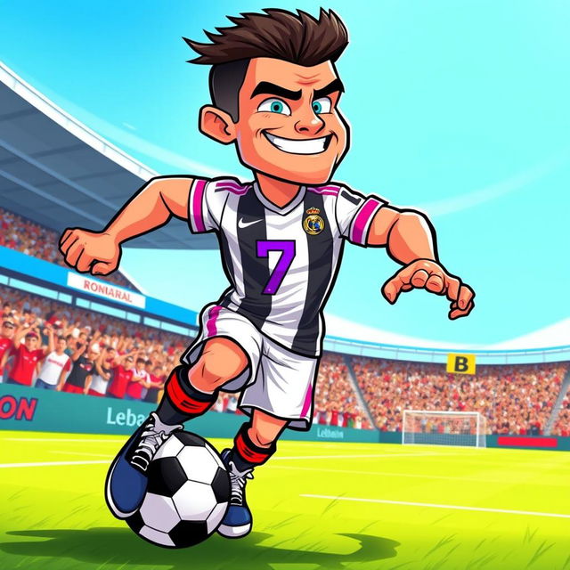 A cartoon character inspired by a famous soccer player, resembling Cristiano Ronaldo, featuring exaggerated muscular build, a stylish haircut, and a confident smile