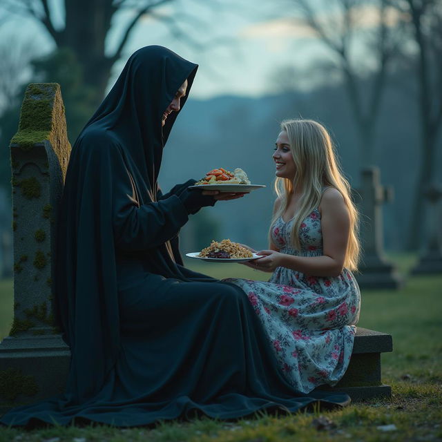 A cute and attractive woman with dark hair and crystal blue eyes is sitting on a moss-covered tombstone in a serene cemetery, where the soft glow of twilight casts an inviting ambiance