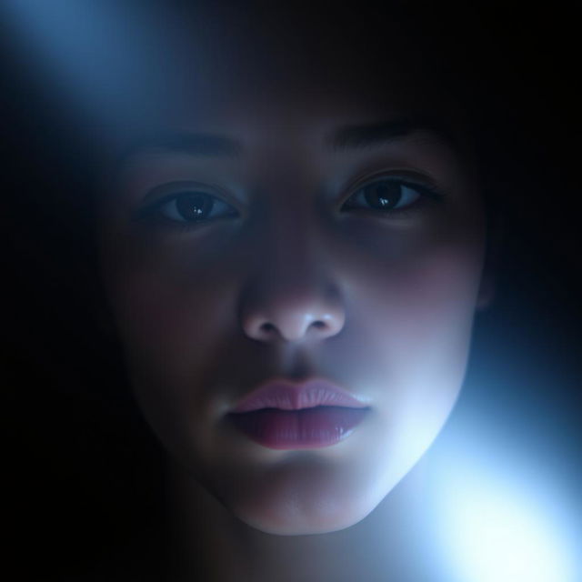 A close-up of a human face partially obscured by a glowing white light