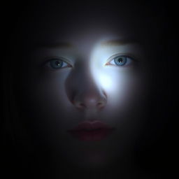 A close-up of a human face partially obscured by a glowing white light