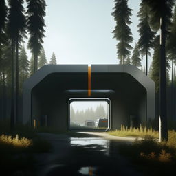 vehicle entrance of futuristic maximum-security penitentiary in the middle of forest in broad daylight based on https://files.dreamhome.software/files/static/37174