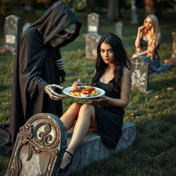 A cute and attractive dark-haired woman with striking crystal blue eyes, comfortably sitting on a weathered tombstone in a serene cemetery