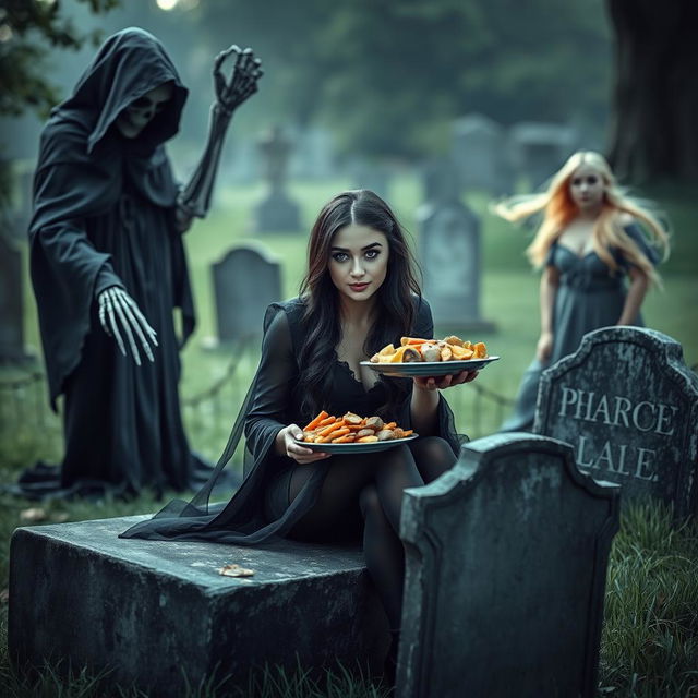 A cute and attractive dark-haired woman with striking crystal blue eyes, comfortably sitting on a weathered tombstone in a serene cemetery