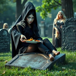 A cute and attractive dark-haired woman with striking crystal blue eyes, comfortably sitting on a weathered tombstone in a serene cemetery