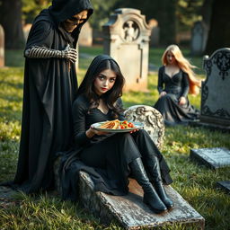 A cute and attractive dark-haired woman with striking crystal blue eyes, comfortably sitting on a weathered tombstone in a serene cemetery