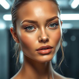 A stunning model with hollow cheeks showcasing striking facial features and flawless skin, captured in a beautifully lit studio environment
