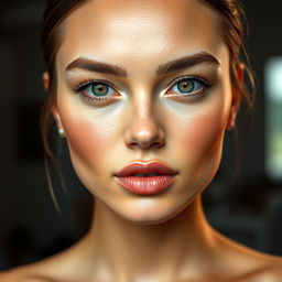 A stunning model with hollow cheeks showcasing striking facial features and flawless skin, captured in a beautifully lit studio environment