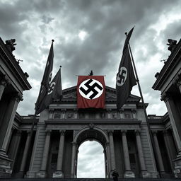 A dramatic two-point perspective view of a historic architectural scene, featuring a large Nazi emblem prominently displayed on a building facade