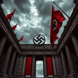 A dramatic two-point perspective view of a historic architectural scene, featuring a large Nazi emblem prominently displayed on a building facade