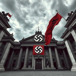 A dramatic two-point perspective view of a historic architectural scene, featuring a large Nazi emblem prominently displayed on a building facade