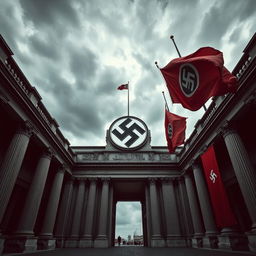 A dramatic two-point perspective view of a historic architectural scene, featuring a large Nazi emblem prominently displayed on a building facade