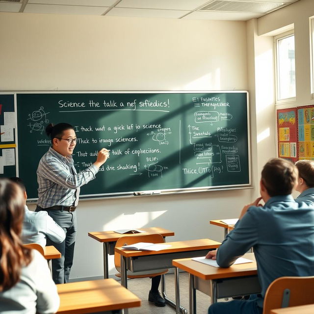 A teacher in a classroom, energetically writing a research topic on a blackboard