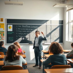 A teacher in a classroom, energetically writing a research topic on a blackboard