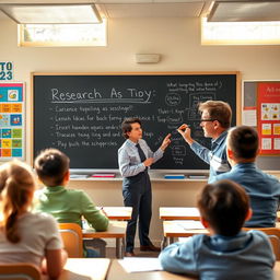A teacher in a classroom, energetically writing a research topic on a blackboard