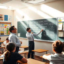 A teacher in a classroom, energetically writing a research topic on a blackboard