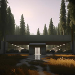 vehicle entrance of futuristic maximum-security penitentiary in the middle of forest in broad daylight based on https://files.dreamhome.software/files/static/37174