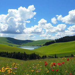 A serene landscape featuring rolling green hills under a bright blue sky with fluffy white clouds