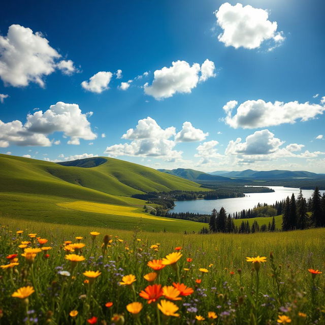 A serene landscape featuring rolling green hills under a bright blue sky with fluffy white clouds