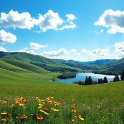 A serene landscape featuring rolling green hills under a bright blue sky with fluffy white clouds