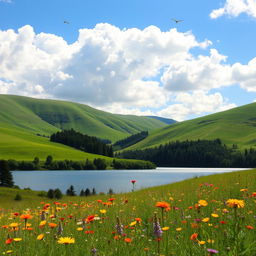 A serene landscape featuring rolling green hills under a bright blue sky with fluffy white clouds