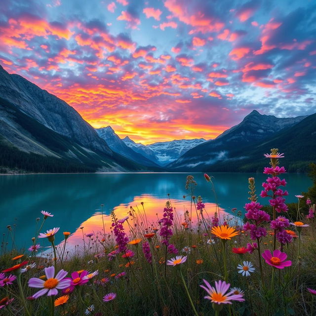 A stunning landscape at sunset, with vibrant colors filling the sky, reflecting onto a calm lake surrounded by towering mountains