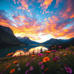 A stunning landscape at sunset, with vibrant colors filling the sky, reflecting onto a calm lake surrounded by towering mountains