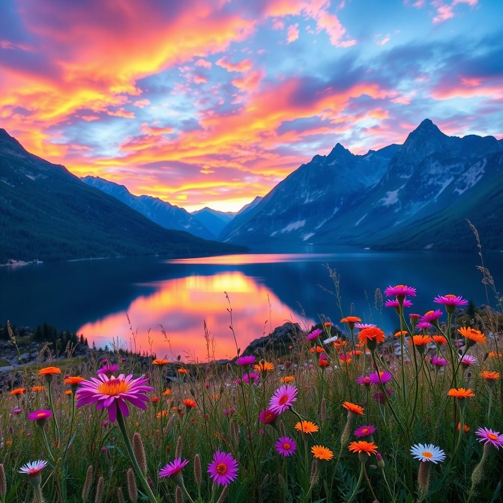 A stunning landscape at sunset, with vibrant colors filling the sky, reflecting onto a calm lake surrounded by towering mountains