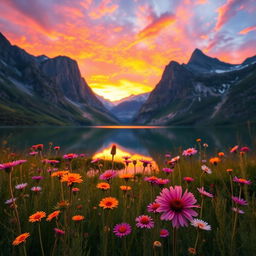 A stunning landscape at sunset, with vibrant colors filling the sky, reflecting onto a calm lake surrounded by towering mountains