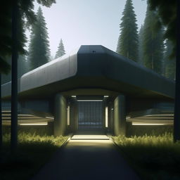 vehicle entrance of futuristic maximum-security penitentiary in the middle of forest in broad daylight based on https://files.dreamhome.software/files/static/37174