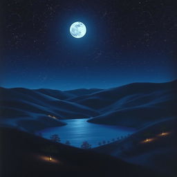 A serene landscape under a starry night sky, featuring rolling hills and a peaceful lake that reflects the moonlight