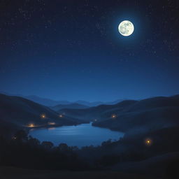 A serene landscape under a starry night sky, featuring rolling hills and a peaceful lake that reflects the moonlight